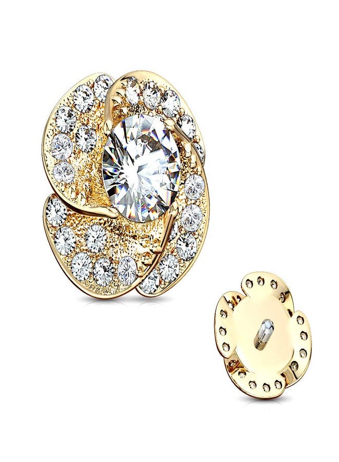 FIFTH CUE 14G CZ Paved & Round CZ Center Rose Blossom 316L Surgical Steel Internal-Threaded Dermal Anchor Top (Gold/Clear) - Image 2